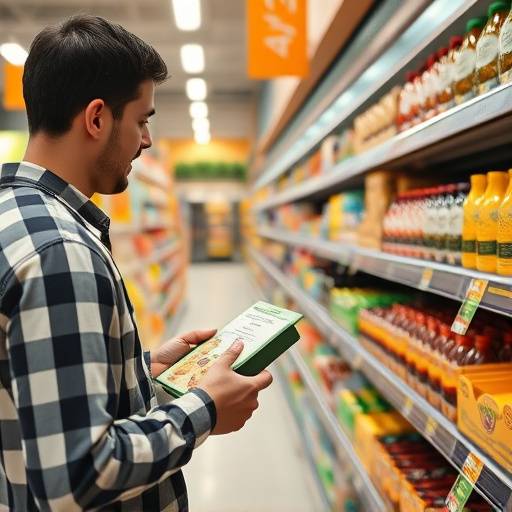 Persona comparando precios de productos en un supermercado para ahorrar dinero