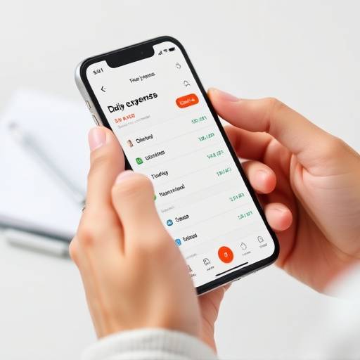 Una persona rastreando sus gastos diarios con una aplicaci&oacute;n en su tel&eacute;fono m&oacute;vil, mostrando gr&aacute;ficos y categor&iacute;as de gastos